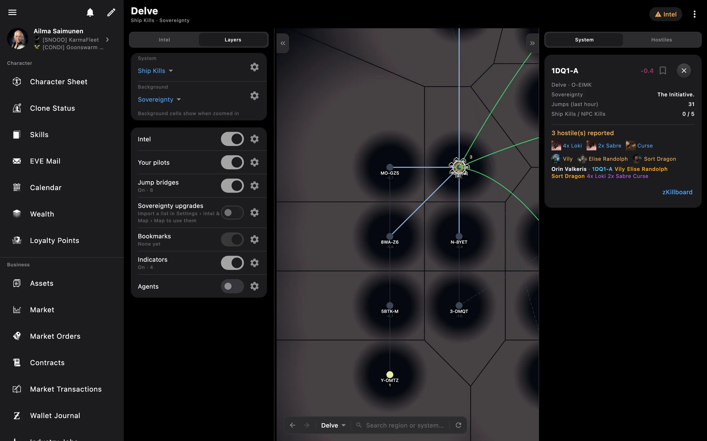 Star map with sovereignty colours, jump bridges and intel on desktop